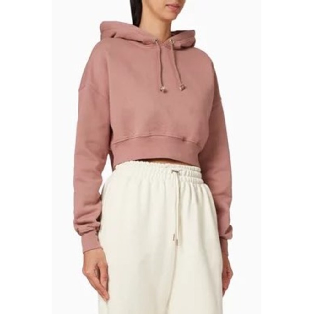 Good American Women Size 1 Dusty Rose Cropped Cotton Fleece Hoodie Sweatshirt